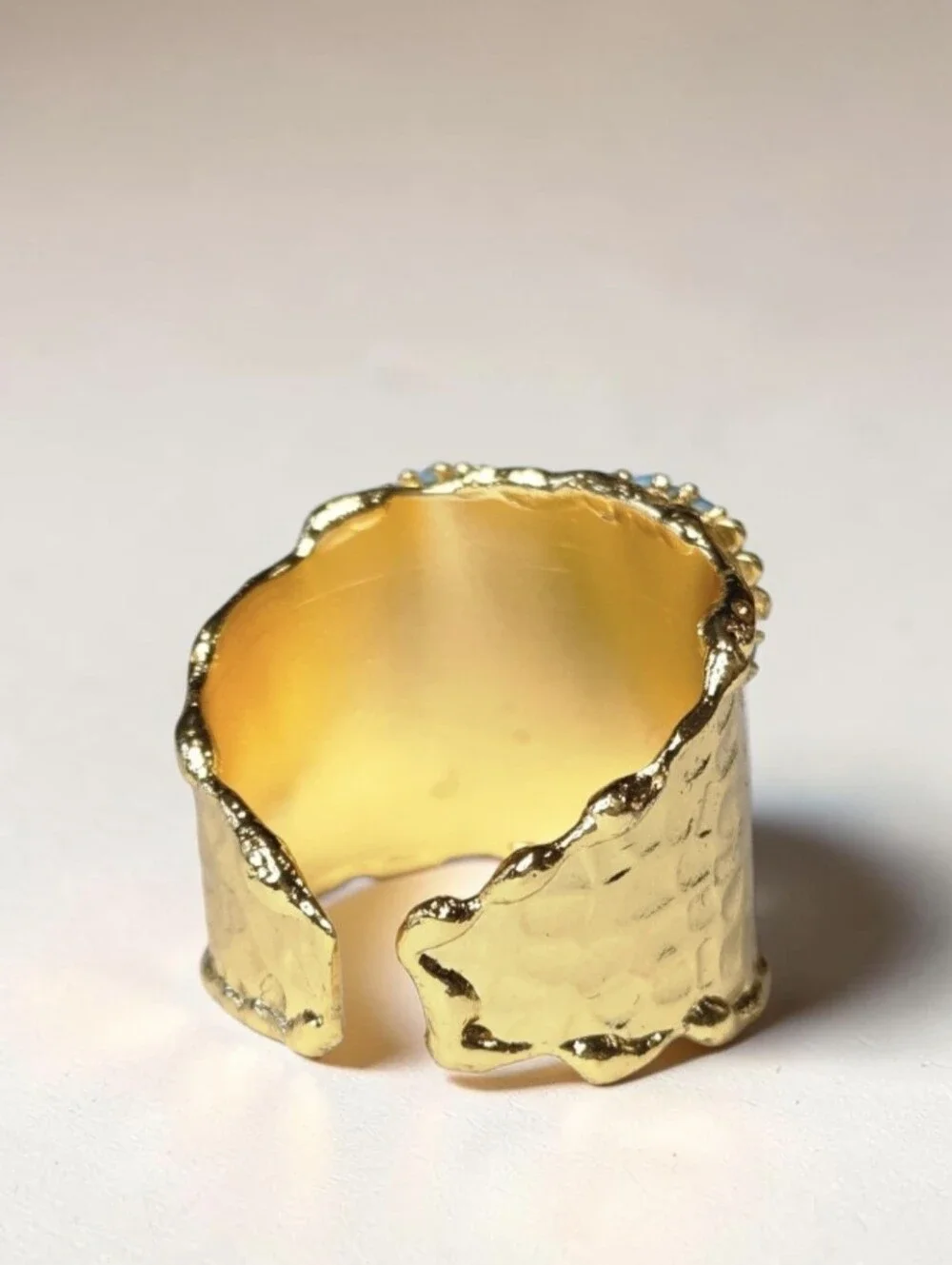 24k Gold Plated Chunky Hammered Turquoise Heart Crystal Wide Band Ring
